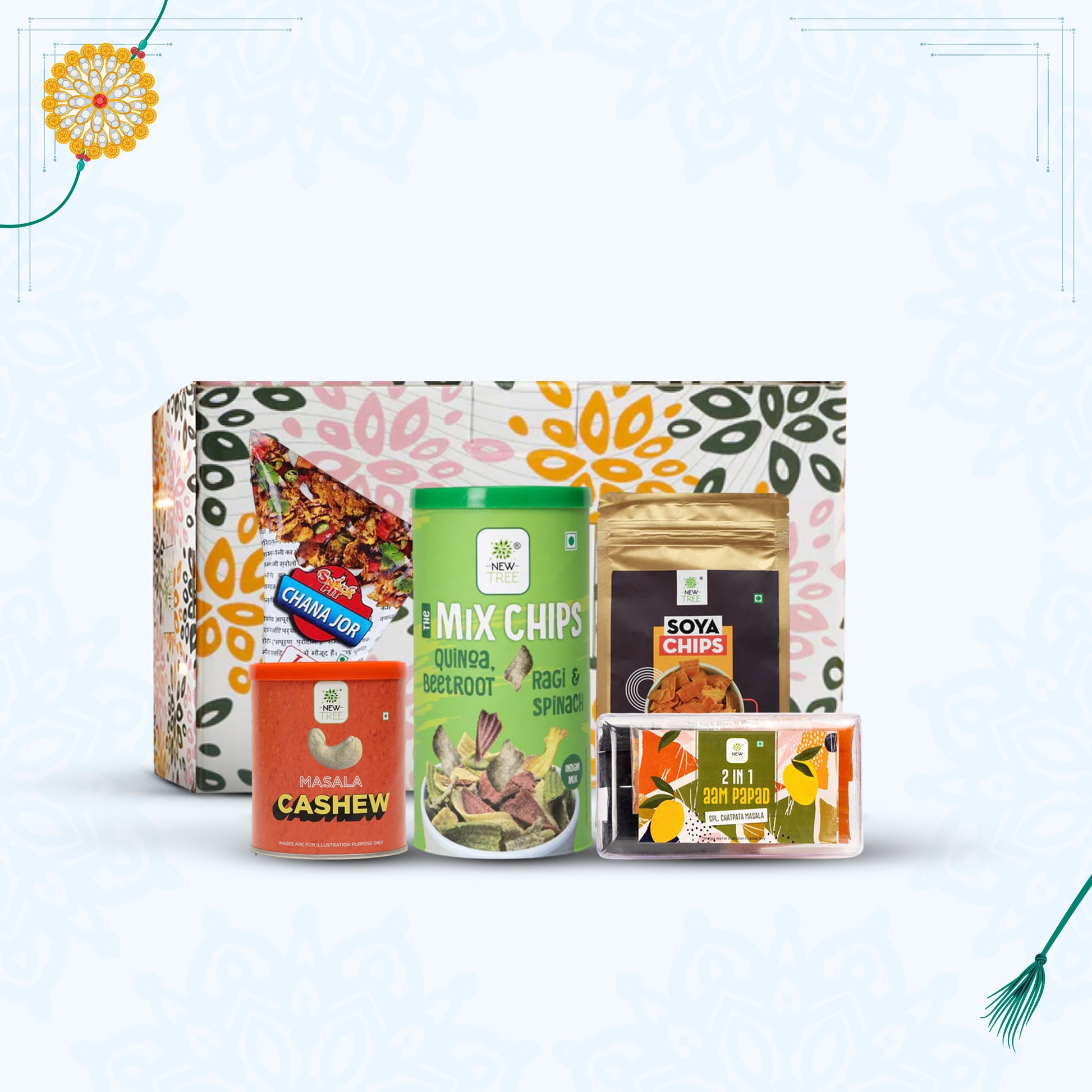 Assorted snack packages on a light blue background with decorative elements.