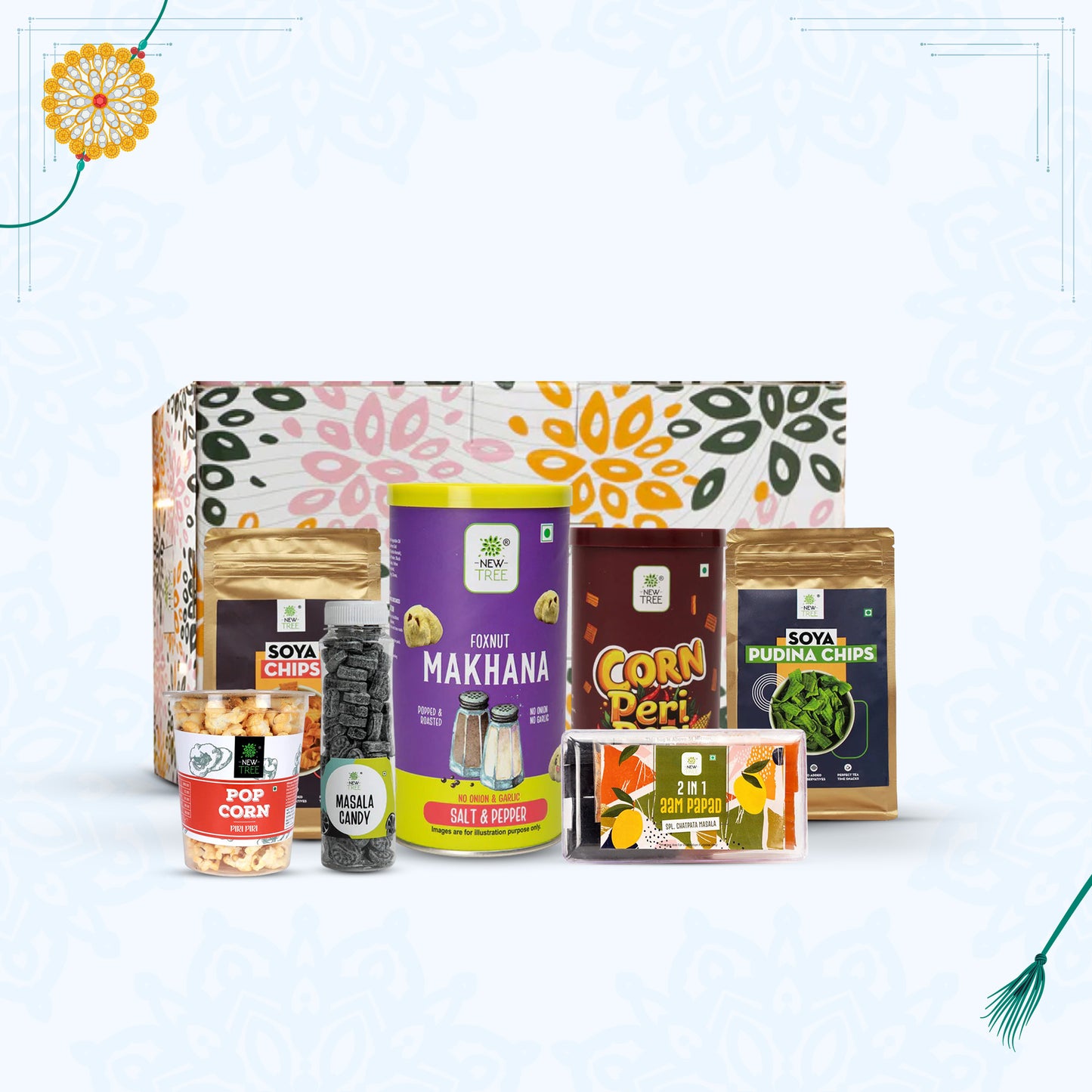 Assorted food products including jars and packets on a white background with decorative elements.