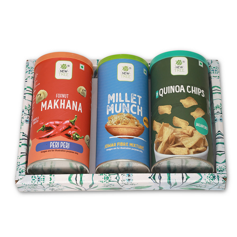 Savory Delights Trio: A combination of Makhana, Millet Munch, and Chips.