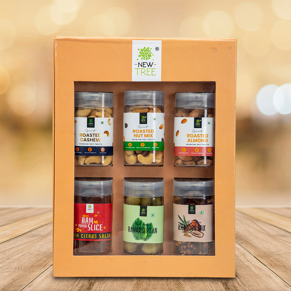 Nutty Fiesta Gift Pack - Roasted Cashew, Roasted Nut, Roasted Almond, Sweet Citrus Salsa, Banarsi Paan, Khajoor Mix