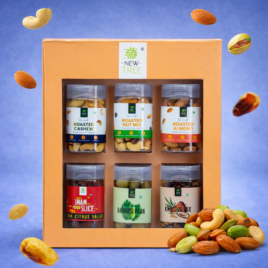 Nutty Fiesta Gift Pack - Roasted Cashew, Roasted Nut, Roasted Almond, Sweet Citrus Salsa,  Banarsi Paan, Khajoor Mix