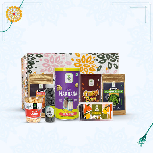 Assorted food products including jars and packets on a white background with decorative elements.