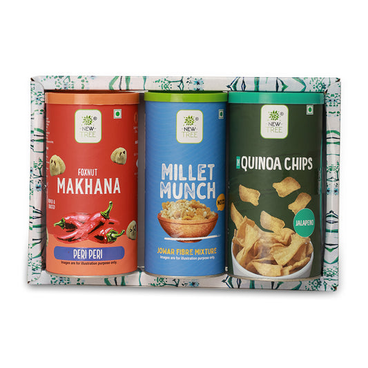 Savory Delights Trio: A combination of Makhana, Millet Munch, and Chips.